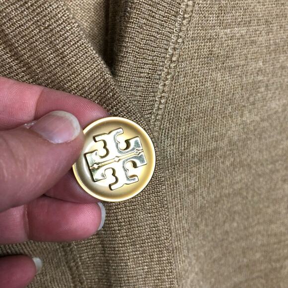 Tory Burch tan v neck button merino wool cardigan size Extra Small XS - flawed - Picture 5 of 13